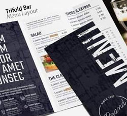 酷黑风格的矢量三折页美食菜单AI模板：Trifold Bar Menu Layout
